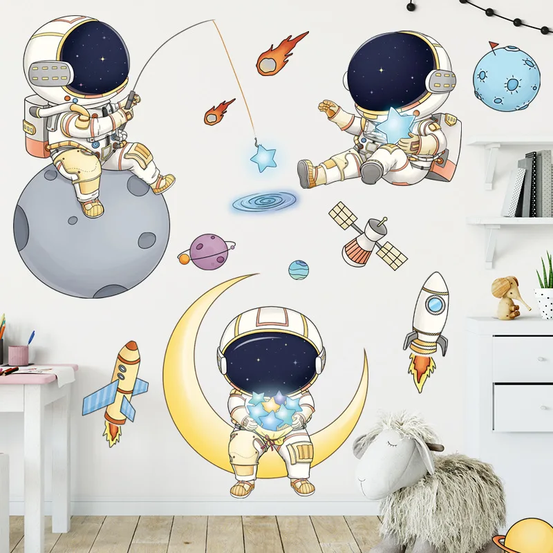 

Outer Space Astronauts Wall Stickers for Children's Room Kindergarten Cosmic Starry Sky Cartoon Cute Spacecraft Waterproof Decor