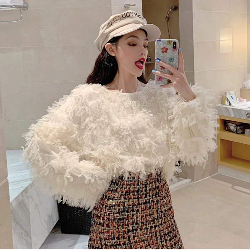 [EWQ] Милая сетчатая кружевная рубашка с круглым вырезом и длинными рукавами