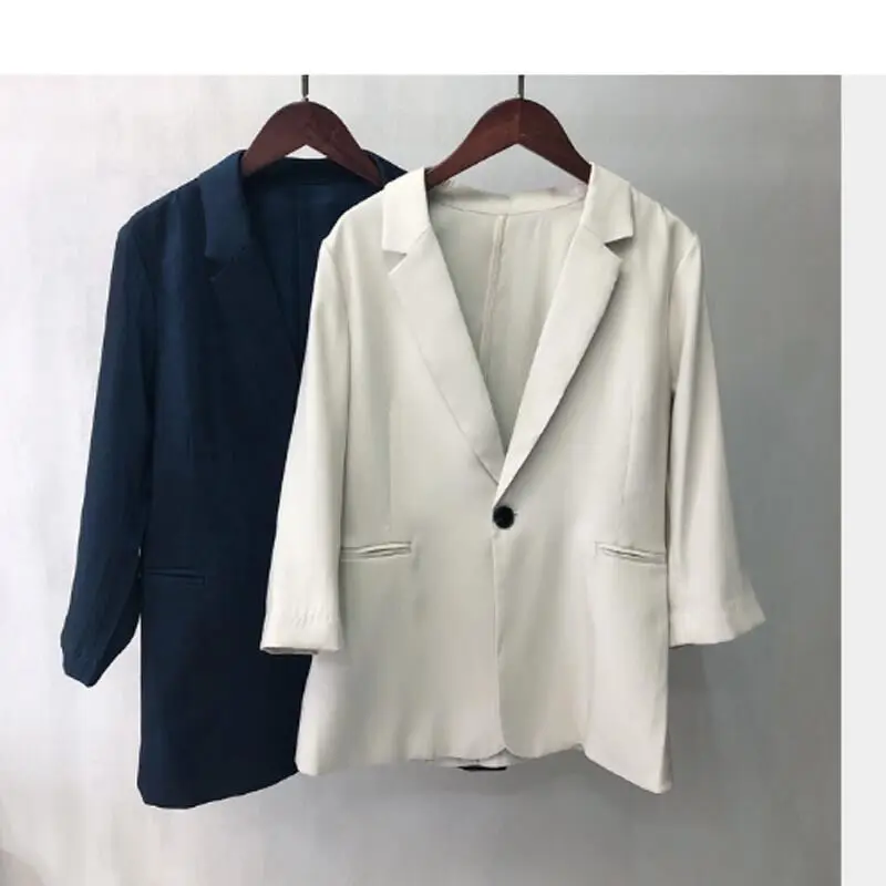 

Acetate Satin Blazer Jacket Women's summer 2021 casual thin 7 / 3 sleeve Beige sunscreen suit top