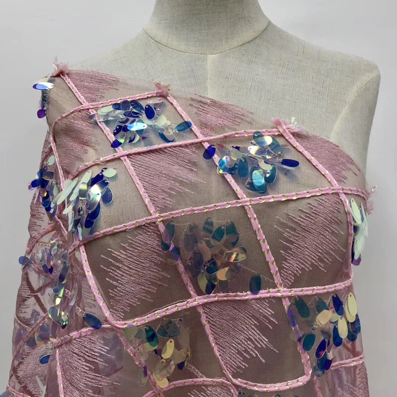 

African Lace Fabric 2020 High Quality Polyester Lace Geometry Embroidery With Sequins Design Fabrics Sexy For Wedding Dress