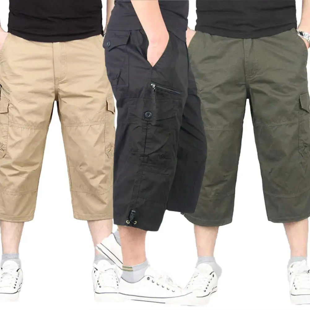 

Casual Cargo Workwear Pants Trousers Men Solid Color Breathable Pocket Loose Straight Capri Cropped Pants Trousers For Summer