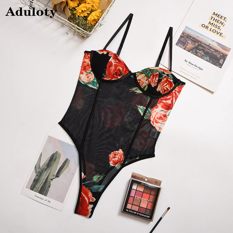 

Aduloty New Women's Teddy bodysuit Printed Sling Bra Net Yarn Perspective Underwear Thong One-piece Lingerie Set