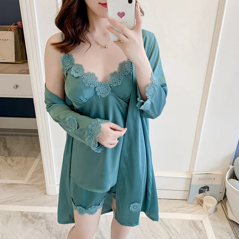 

FZSLCYIYI Pajamas Sets Satin Sleepwear 3 Pcs Spaghetti Strap Lace Women Pajamas With Pad Nightdress Shorts Cardigan Robe Set