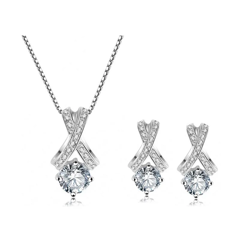 Cross Strap Sharp Setting Cubic Zirconia Necklace Earrings Set Gold and Silver Color Party Jewelry Sets for Woman | Украшения и