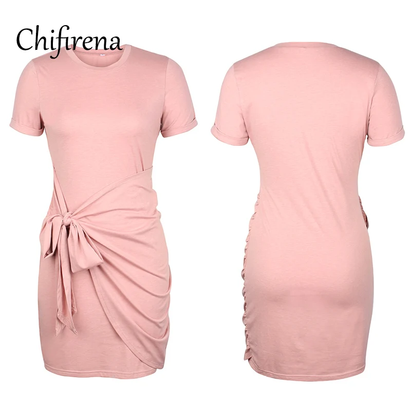 

Chifirena Short Sleeve Bodycon Ruched Dress Belt O Neck Mini Dresses for Women Elegant Party Sexy Sundress Solid Tunic Vestidos