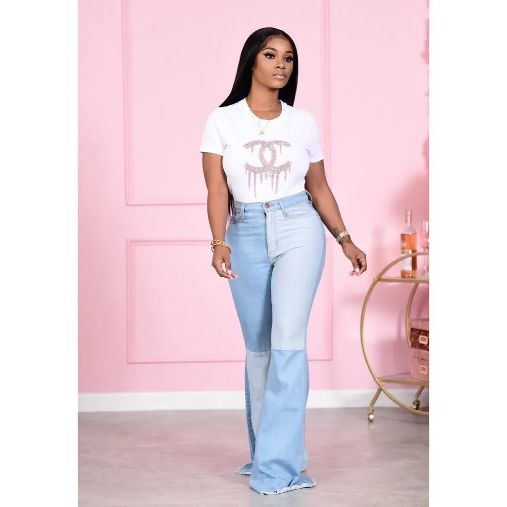 

women's hot sale stitching two-color explosive fringed bell bottoms in stock