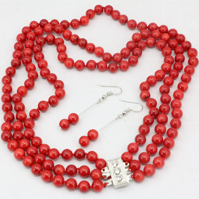 Гладкая 3 ряда ожерелье серьги на крючках 7 мм натуральный красный коралл Круглый