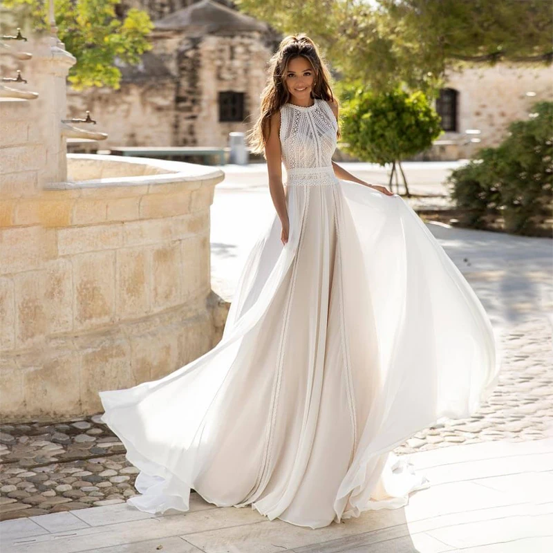 

Exquisite Wedding Dress A Line Lace Chiffon Backless Bridal Gowns Scoop Sweep Train White Ivory Vestido De Novia