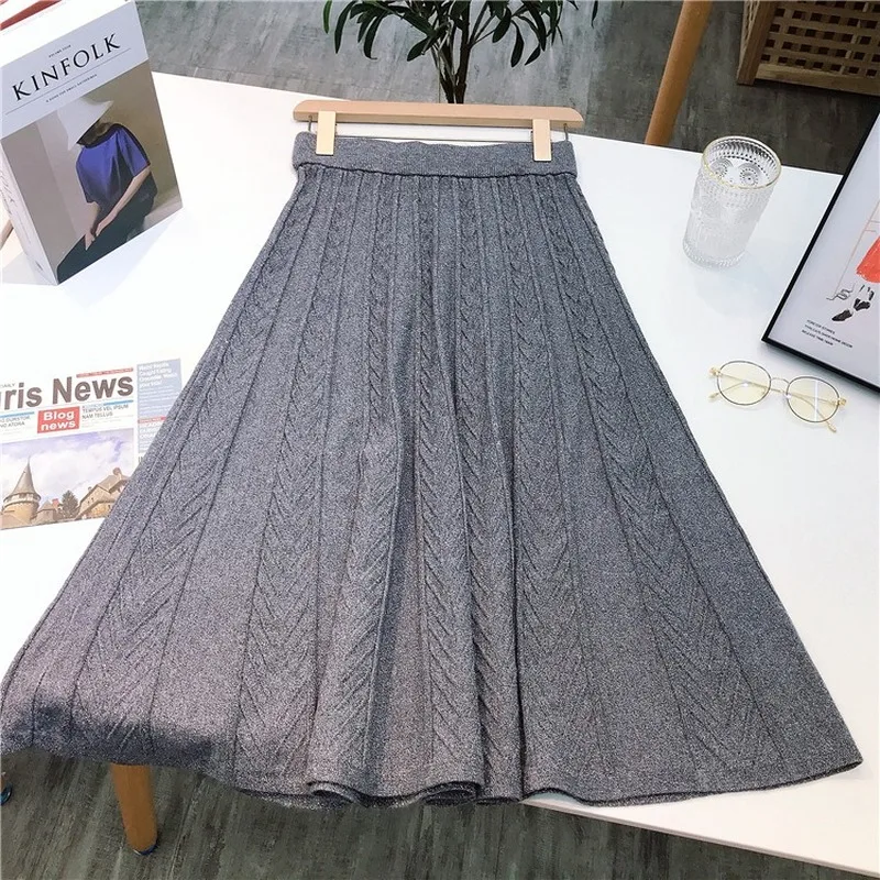 

Knit Skirt 2020 Autumn Winter Knitted Skirts Women Korean Midi Over-the-Knee Pendant Shiny Long Plaid Womens Harajuku Streetwear