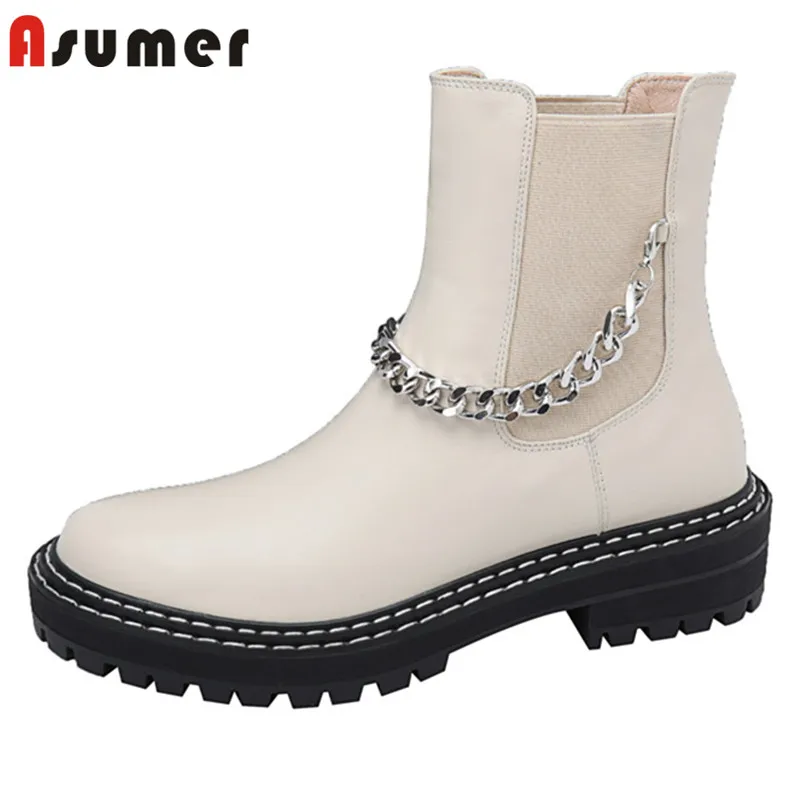

Asumer Hot Sale Motorcycles Boots Women Genuine Leather Shoes Chain Fashion Cool Thick Bottom Stretch Slip On Ankle Boots Woman