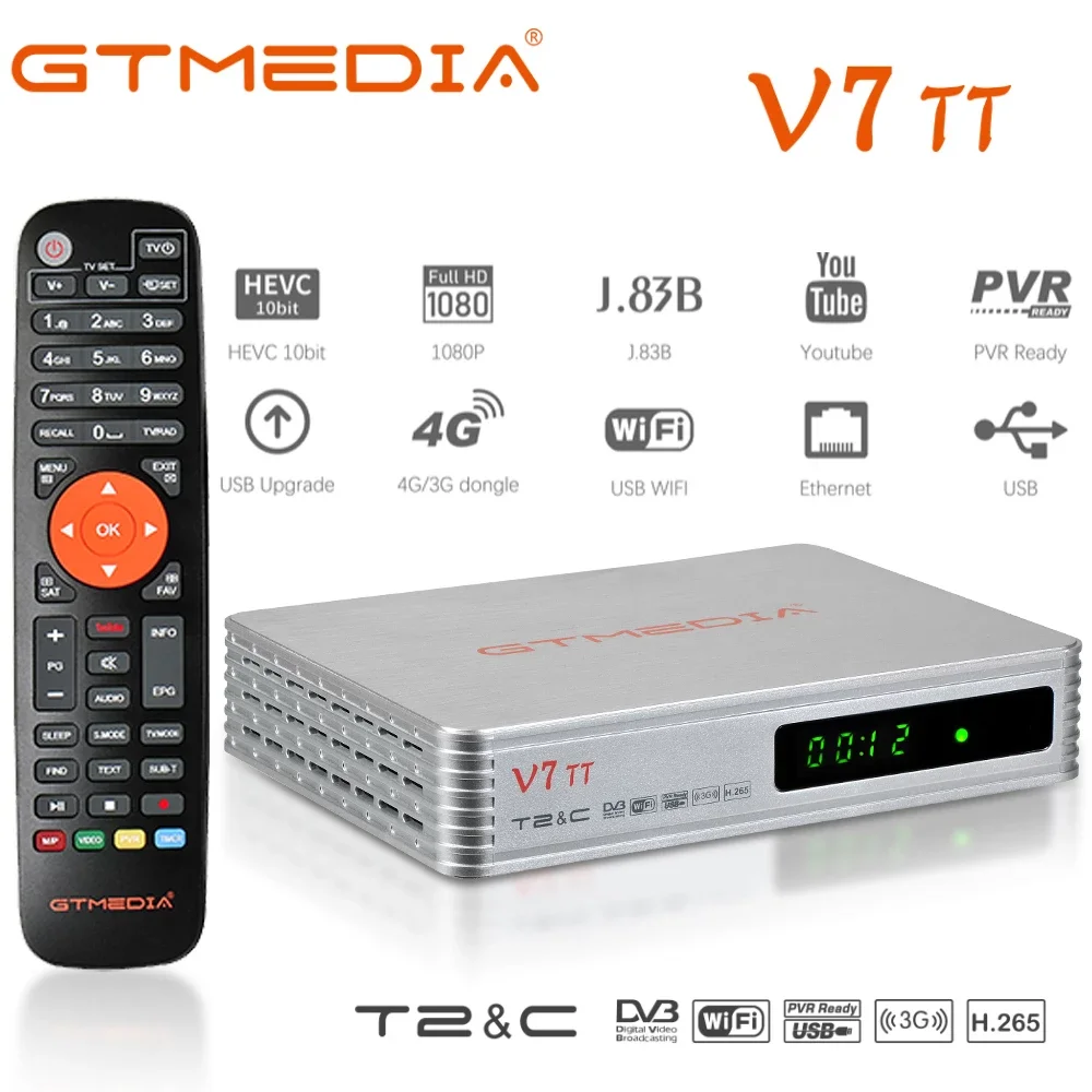 

GTMEDIA 2021 NEW V7 TT DVB-T/T2 +DVB-C Support H.265 HEVC 10bit Terrestrial Receiver Combo TV Tuner With Antenna USB YouTude App