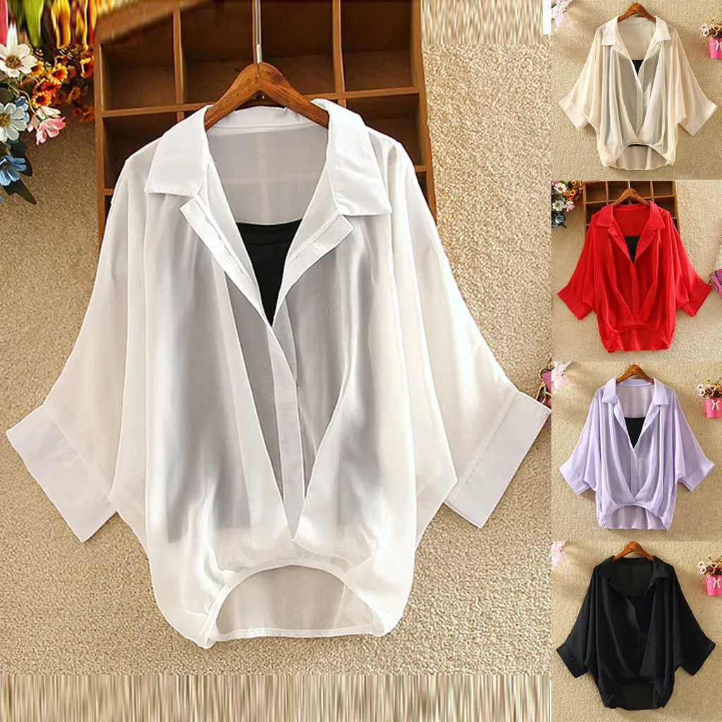 

Fashion Women Chiffon Blouses Turn-down Collar Solid Short Batwing Sleeve Shirt Tops Blusas Summer Cloth Bat Sleeve Shirt 2021