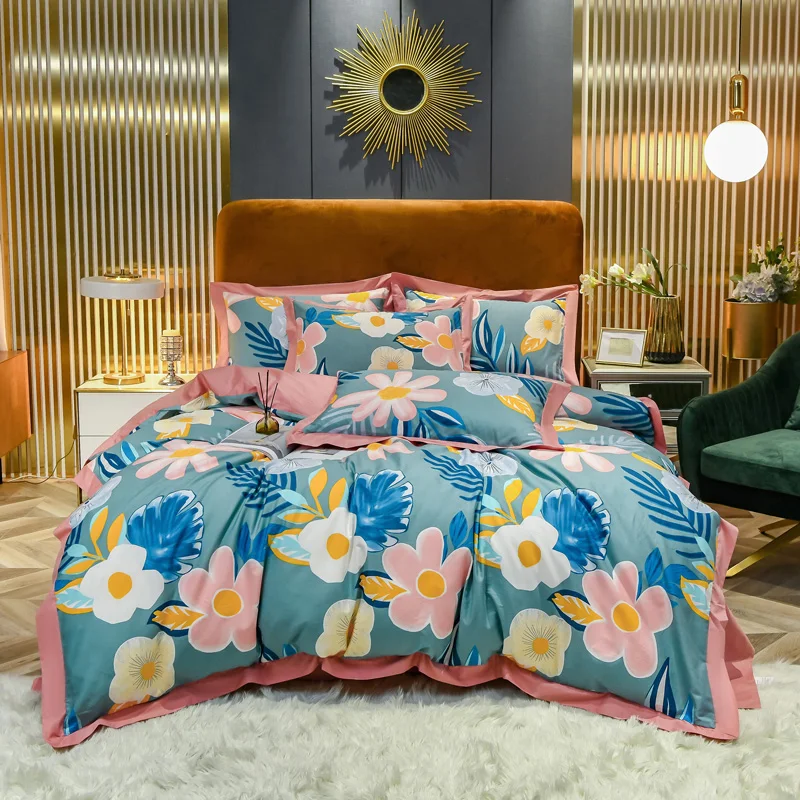 

Cotton embroidery, four-piece suit, satin long-staple cotton, European-style cotton duvet cover and bed sheets