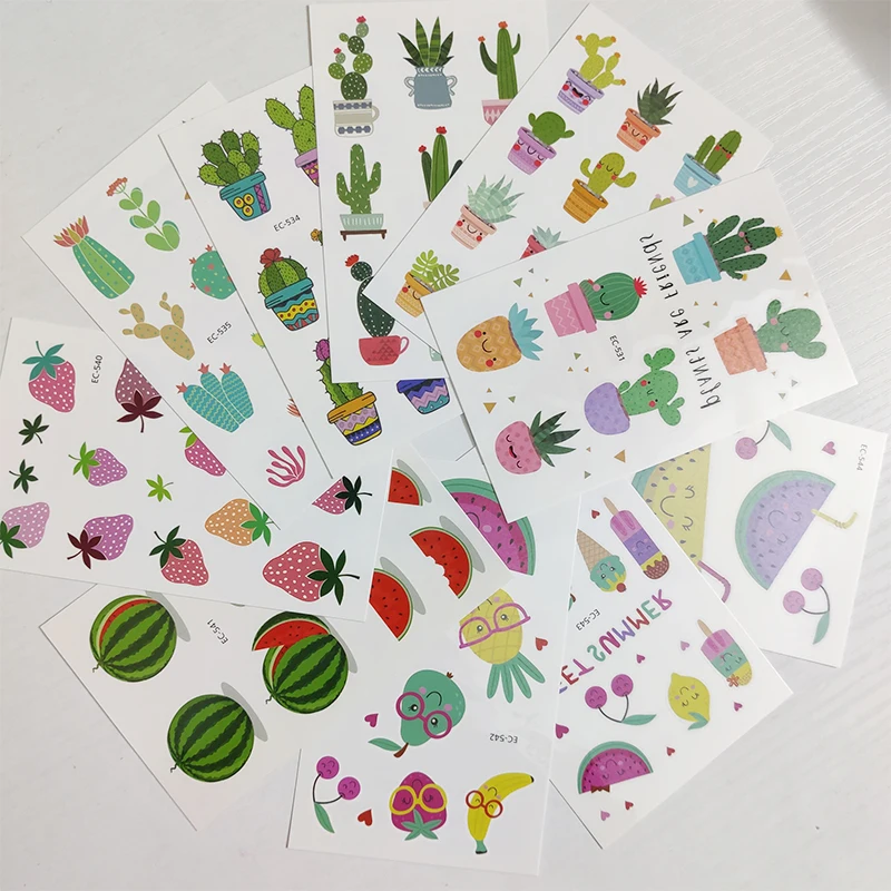 

10pc Children Temporary Tatoo Sticker Waterproof Fake Tattoo Cactus Fruit Strawberry Flower Tattoos Hand Foot Tatouage Boy Girl