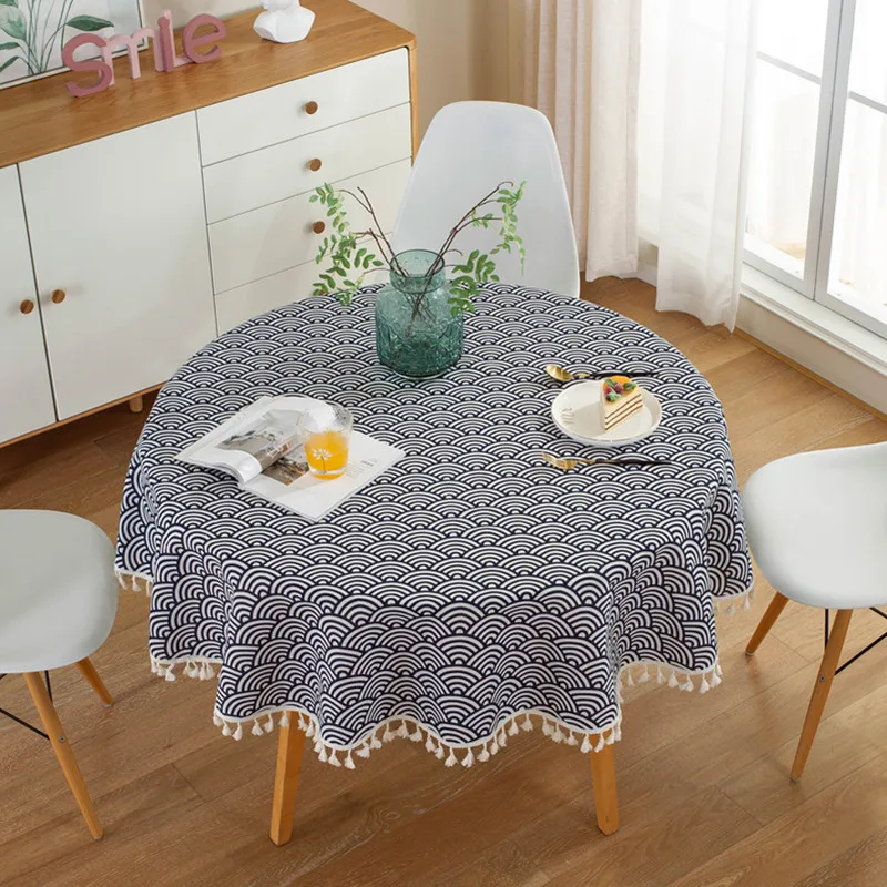 

American Style Stylish Striped Lattice Pattern Soft Cotton Washable Tablecloth with Tassel Wedding Cloth Cover for Christmas
