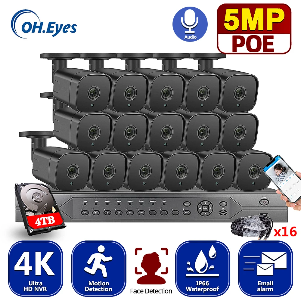 

OH.EYES H.265 5MP Audio Record POE Security Camera System 4K 8CH 16CH Security NVR With 16pcs 5MP CCTV Bullet Cameras