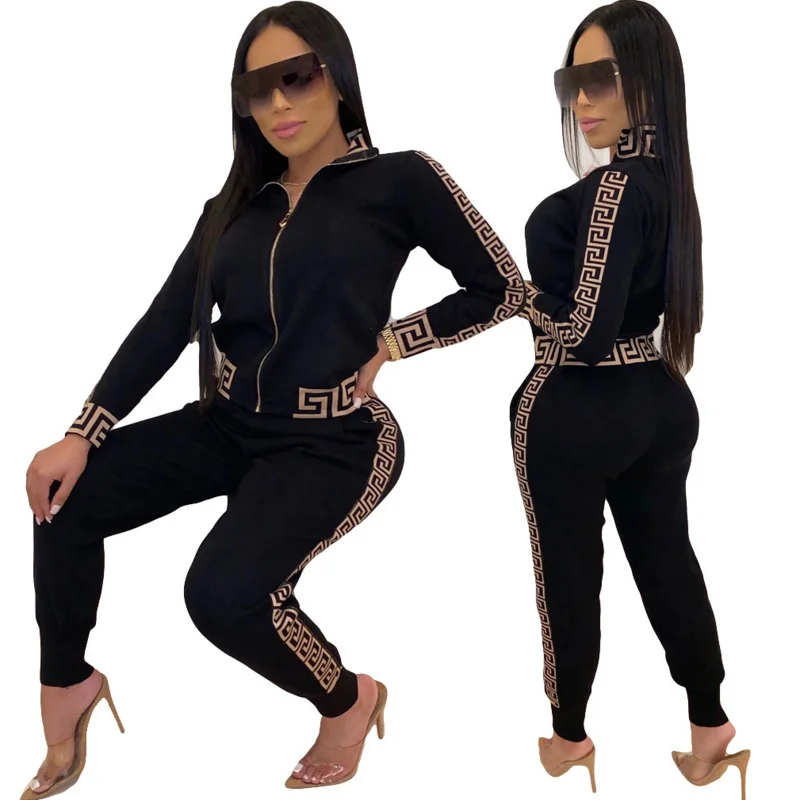 

Women Stylish Outfits 2021 Autumn Fashion Sportwear Tracksuit Long Sleeve Zipper Printing Jacket Coat+Skinny Pants Two Piece Set