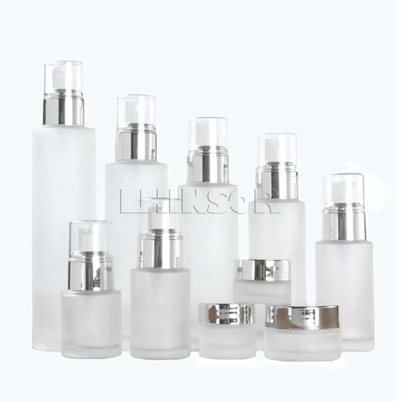 

5pcs/lot Good Price 20 30 40 60 80 100 120 ml Frosted Glass Skin care Bottle with Press Pump 30g Cream Jars Cosmetic Container