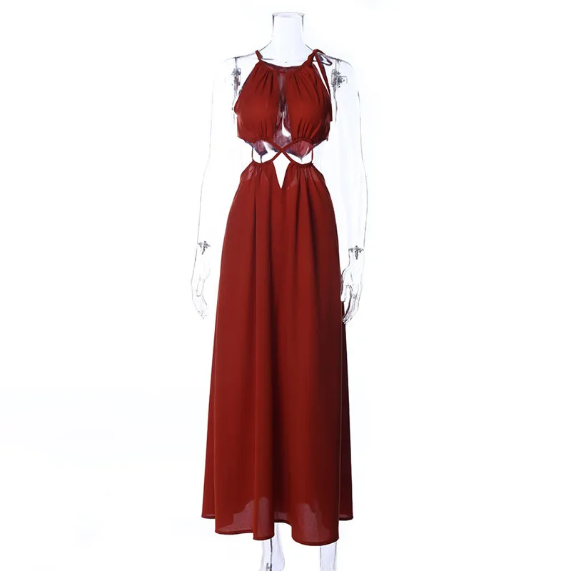

Women Halter spaghetti strap dress Summer Boho Party Beach Sleeveless Dresses Ladies Hollow Out Long Maxi Dress