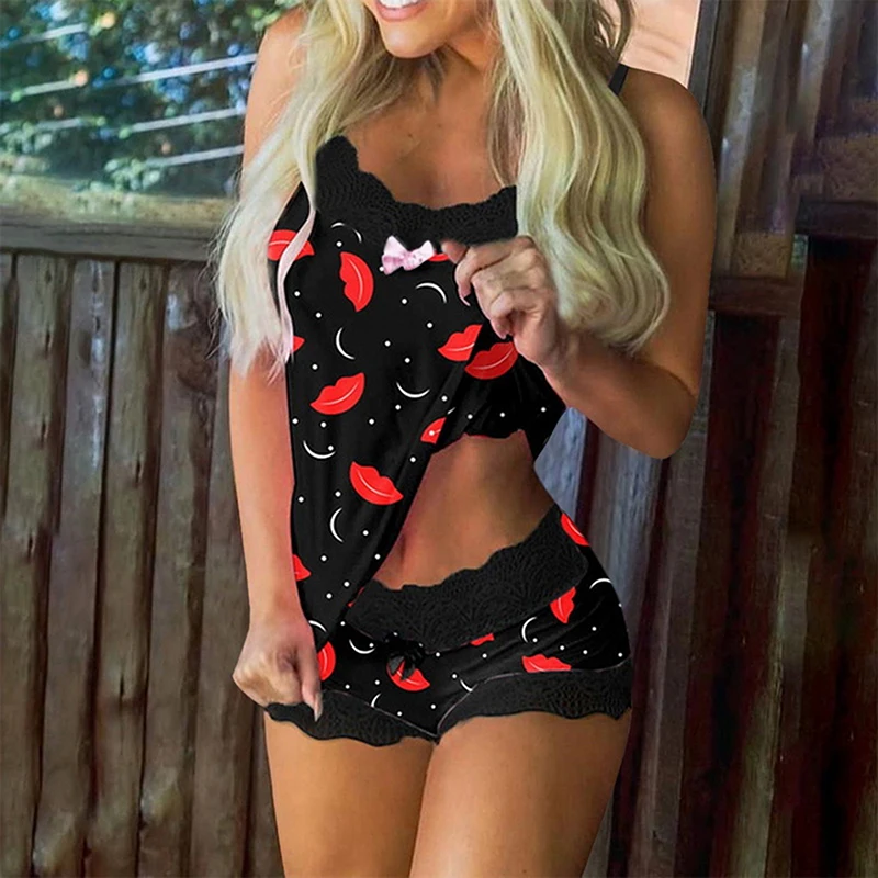 

Women Sexy Spaghetti Strap Lace Pajama Set Sleeveless Pyjamas Shorts Set Lace Pijama Suit Women Nighties 2022 Fashion Prints