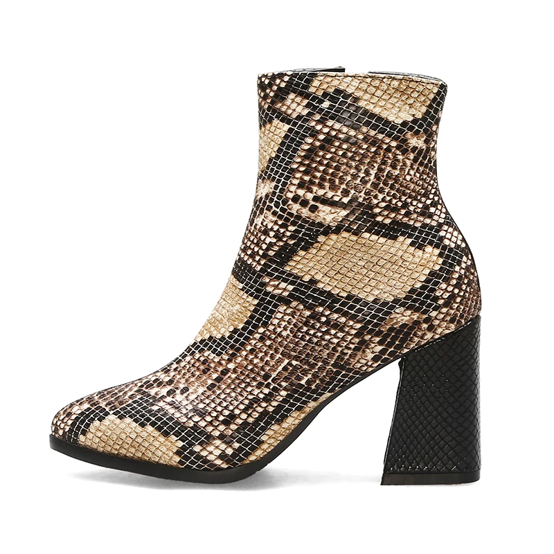 JK Snake Skin Pu Boots Women High Heels Ankle Booties Ladies Zip Shoes Female Emboss Pointed Toe Winter 2020 | Обувь