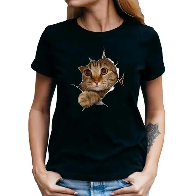 

Футболка женская с коротким рукавом, смешная Милая с принтом «Voyeur Cat», Повседневная рубашка в стиле Харадзюку, на лето