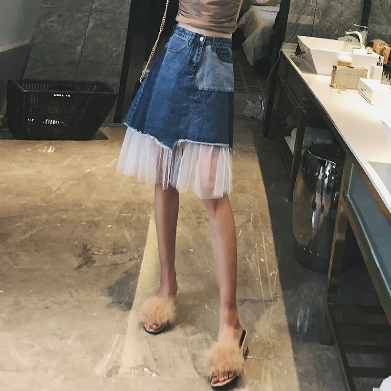 Женская юбка летняя белая сетчатая трапециевидная имперский высокая талия