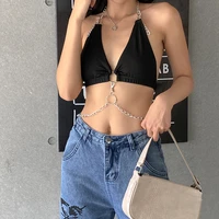 fashion sexy backless halter tops women deep v neck crop tops tees with chains summer y2k sleeveless camisole bottoming clothes