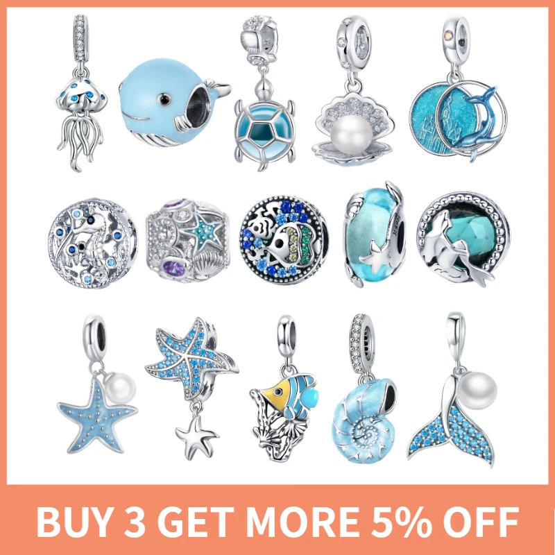 BISAER 925 пробы серебро океан Стиль рыбы Дельфин Русалка стеклянные бусы синий CZ