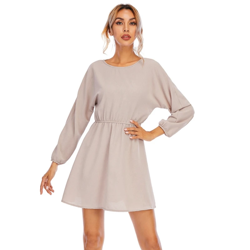 

Women Elegant Casual O-Neck Mini Dress Autumn Spring Long Sleeve Dresses For Ladies