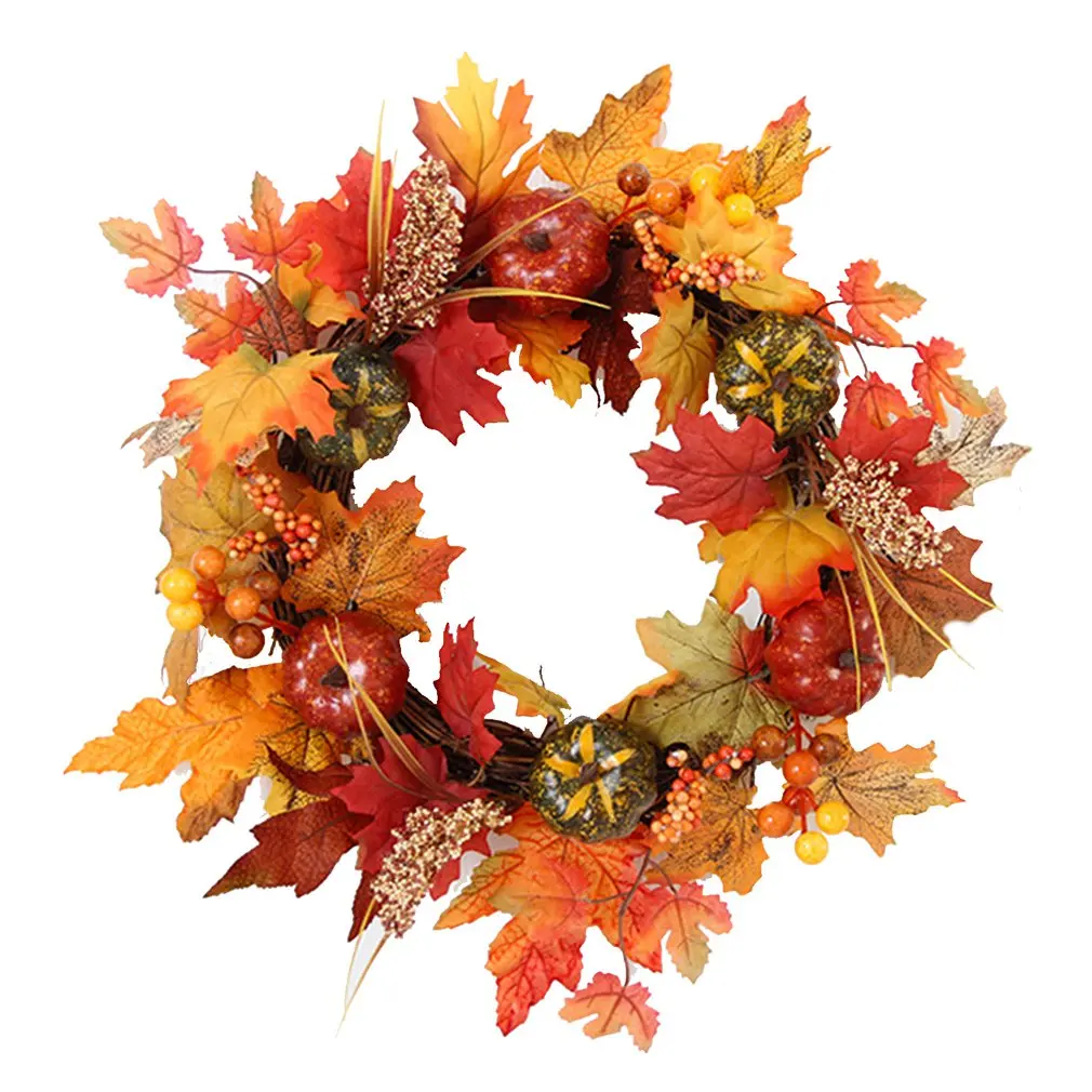 

Осенний тематический дверной венок, искусственные тыквы, ягоды, сосна, конус, клен, искусственный материал из ротанга, домашний декор