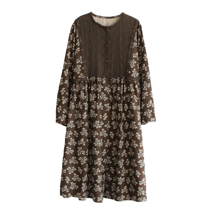 Женское хлопковое льняное платье 2019 с длинным рукавом на осень и весну цветочным