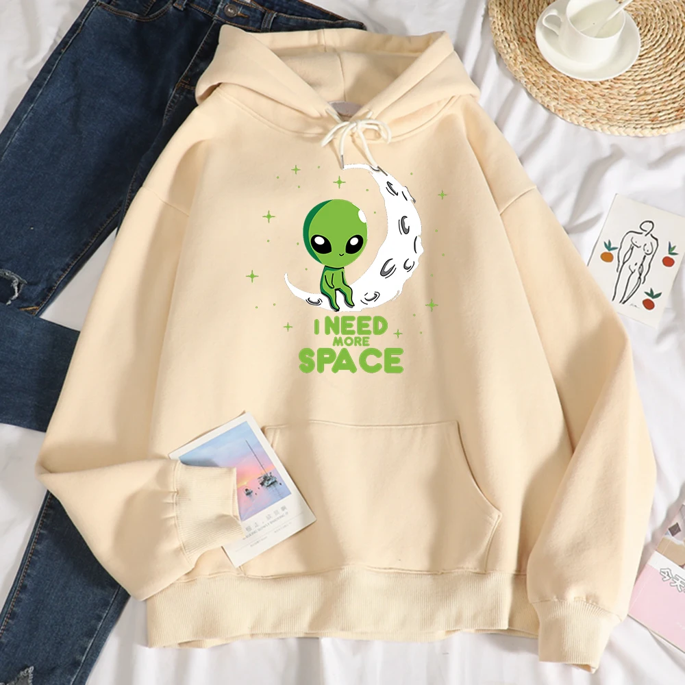 

Женская флисовая толстовка с надписью I Need More Space Green, с принтом инопланетян, свободная осенняя одежда, уличная толстовка с капюшоном, топы бо...