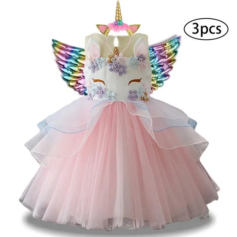 New Girls Dress 3pcs Kids Dresses For Girl Unicorn Party Christmas Carnival Costume Child Princess 3 5 6 8 9 10 Year | Детская одежда и