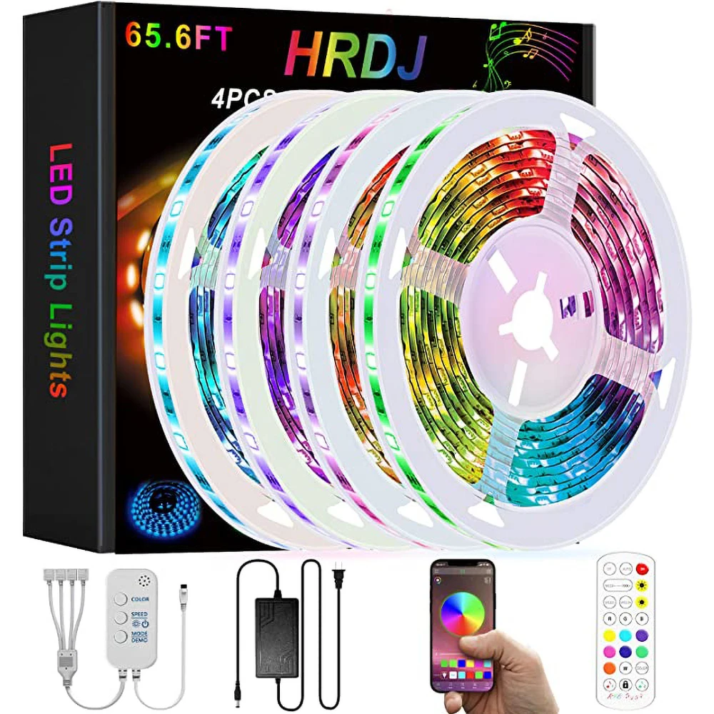 

HRDJ LED strip 10M/15M/20M, music synchronization, color changing LED bedroom light 5050 SMD RGB LED strip with application remo