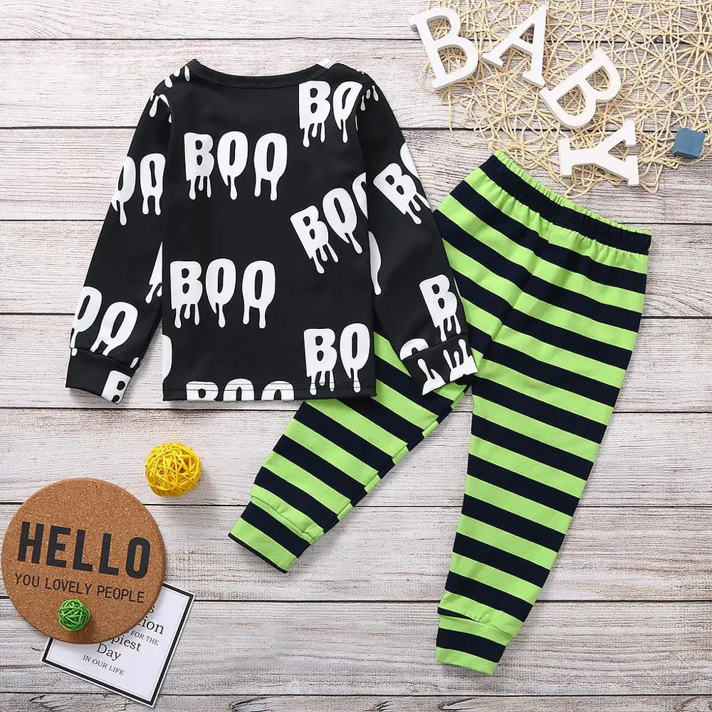2019 Autumn Winter Fashion Toddler Baby Boy Girl Clothes Halloween Letter T-shirt Tops+Striped Pants Outfits |