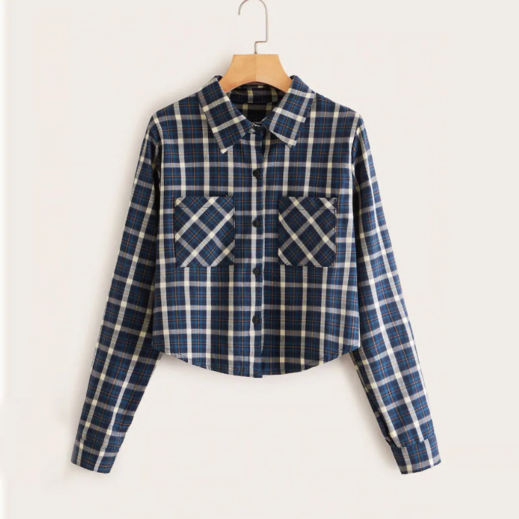 Хлопковая клетчатая блузка в клетку рубашка Женская Повседневная облегающая