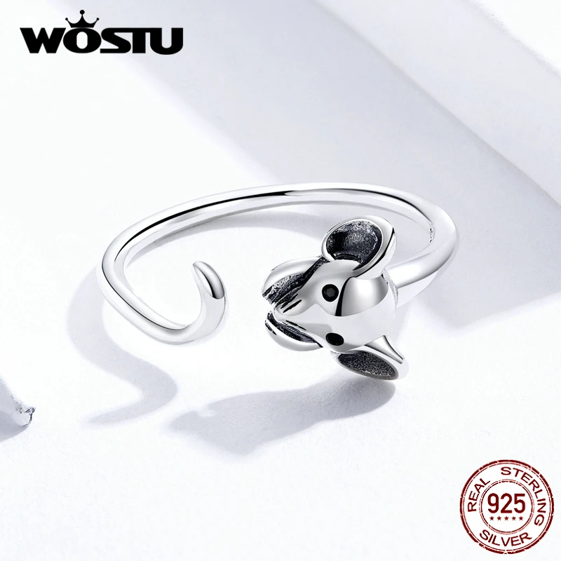 WOSTU, Настоящее серебро, 925 пробы, милая мышь, открытые, кольца на палец для девушек, для женщин, модные ювелирные изделия CQR632