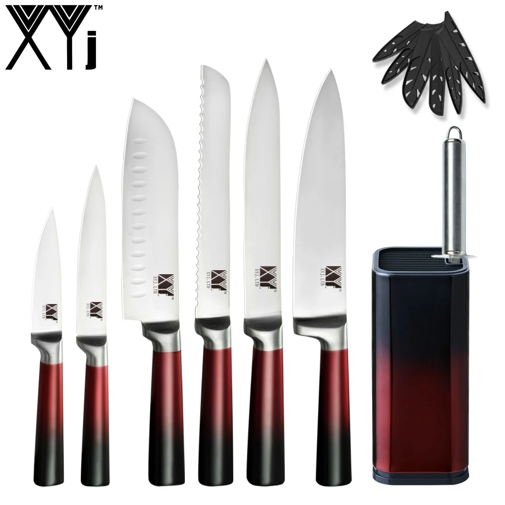 B.8PCS SET XYj кухонные ножи 9 шт. набор из нержавеющей стали поварские ножи точилка инструменты ножницы 8 ''Держатель ножей градиентный цвет кухонный аксессуар - Цвет: B.8PCS SET