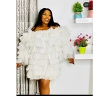 Белые короткие женские платья из тюля, мини-платье с длинным рукавом, летнее платье с открытыми плечами и оборками, Многоярусное вечернее платье, женские платья