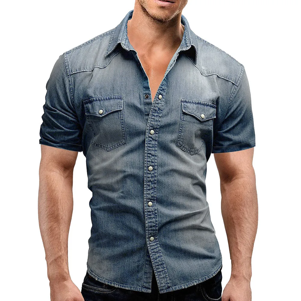 Camisas Masculina Men's Casual Slim Fit Button Shirt With Pocket Short Sleeve Tops Blouse Fashion Men Denim | Мужская одежда