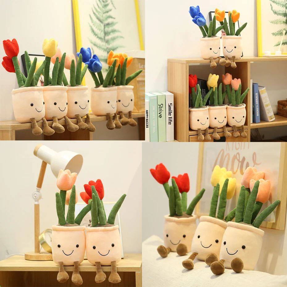 

35cm Lifelike Tulip Succulent Plants Plush Stuffed Decoration Toy Soft Bookshelf Decor Doll Potted Flowers Pillow For Girls Gift