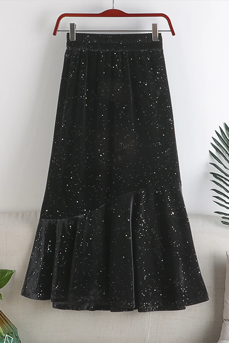 

Autumn And Winter New Elastic Waist Golden Velvet Shiny Bevel Stitching Fishtail Skirt Fashion Mid-Length Skirt Female