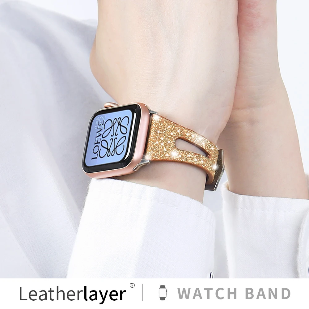 

Блестящий кожаный ремешок для Apple Watch Band 38 мм 40 мм 42 мм 44 мм, блестящий женский браслет для iWatch Series 6 5 4 3 2 1 SE