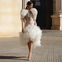 womens short tulle prom dresses luxury puff full sleeves formal evening gowns beaded tassel tiered ruffles female robe