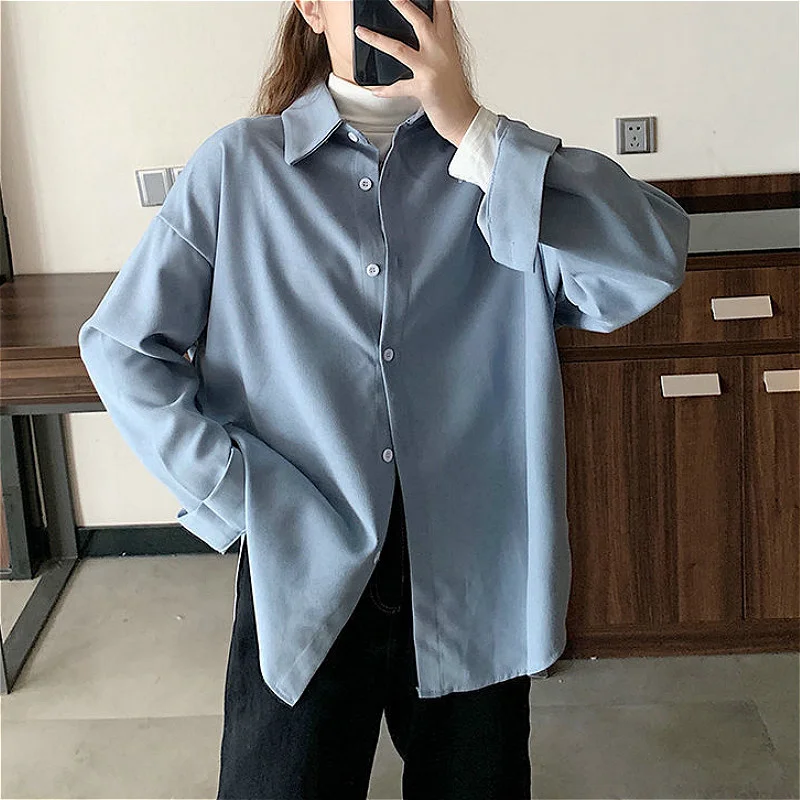 

Женские рубашки однотонные Элегантные Красочные корейские новые модные свободные блузки повседневные топы для студентов Большие размеры ...