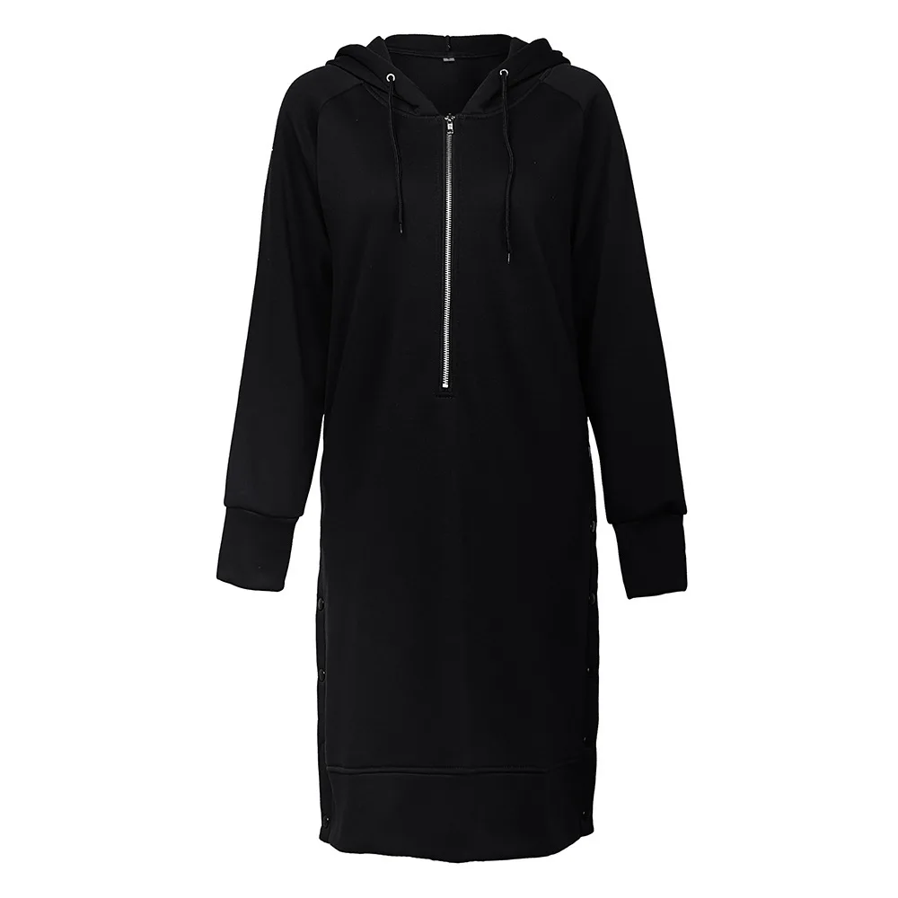 

FMFSSOM 2021 Autumn Casual Dress Women Long Sleeve High Split Hooded A-line Black Dress Knee-length Zippers Elegant clothes