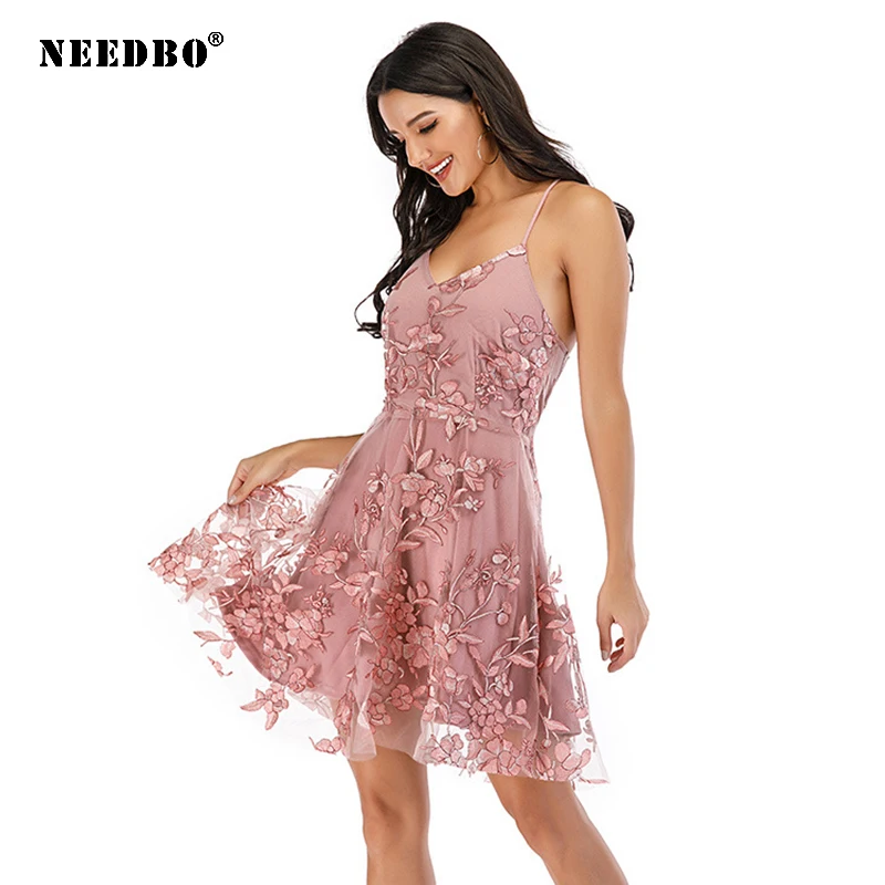 

NEEDBO Mini Dress Evening Party Club Embroidery Mesh Women Dress Elegant Sexy Ladies Dresses Floral Spaghetti Strap Vestidos
