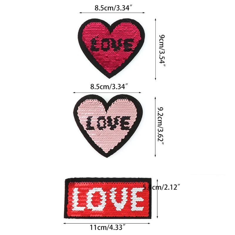 

3pcs Sew or Iron on Clothing Patches - Flip Sequin Love Heart Patch for Kids Clothes, Jackets, Backpacks, School Bag