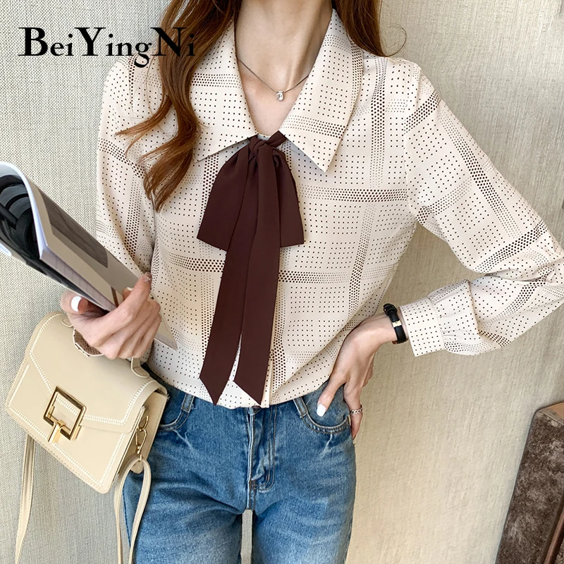 

Beiyingni Lace-up Bow Tie Chiffon Shirts Womens Vintage Fashion Polka Dot Printed Harajuku Blouses Femme Casual Blusas Ladies OL